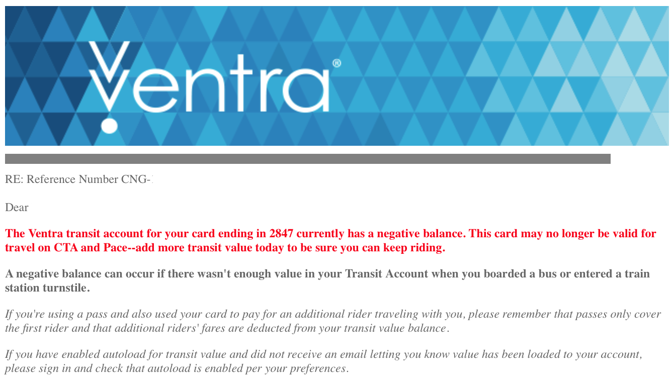 Ventra Negative Balance Alert