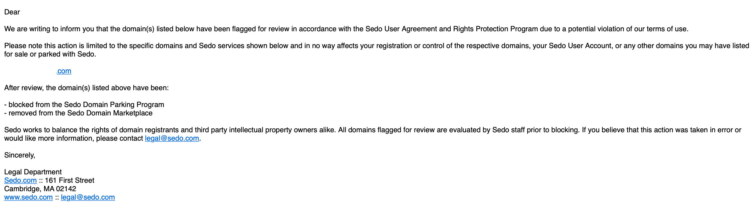Sedo Legal Removal Flagged Domain
