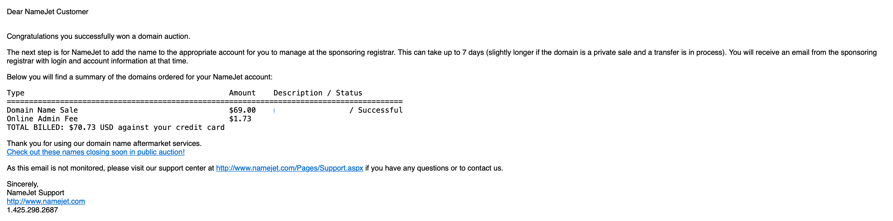 Namejet Order Confirmation Won Auction Email