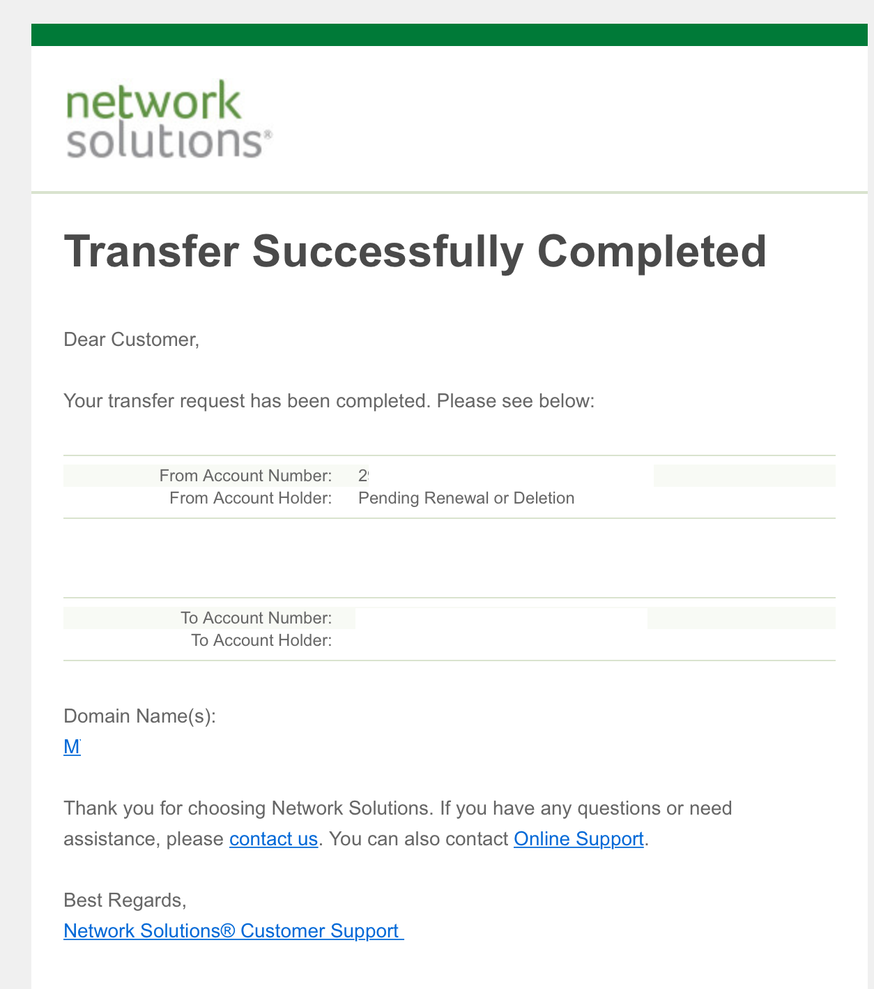 Network Solutions Domain Transfer Completed