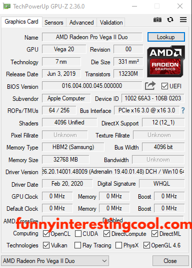 Mac Pro Late 2019 28 Core Amd Radeon Pro Vega Ii Duo 64gb Vram Techpowerup Gpu Z Graphics Card Tab