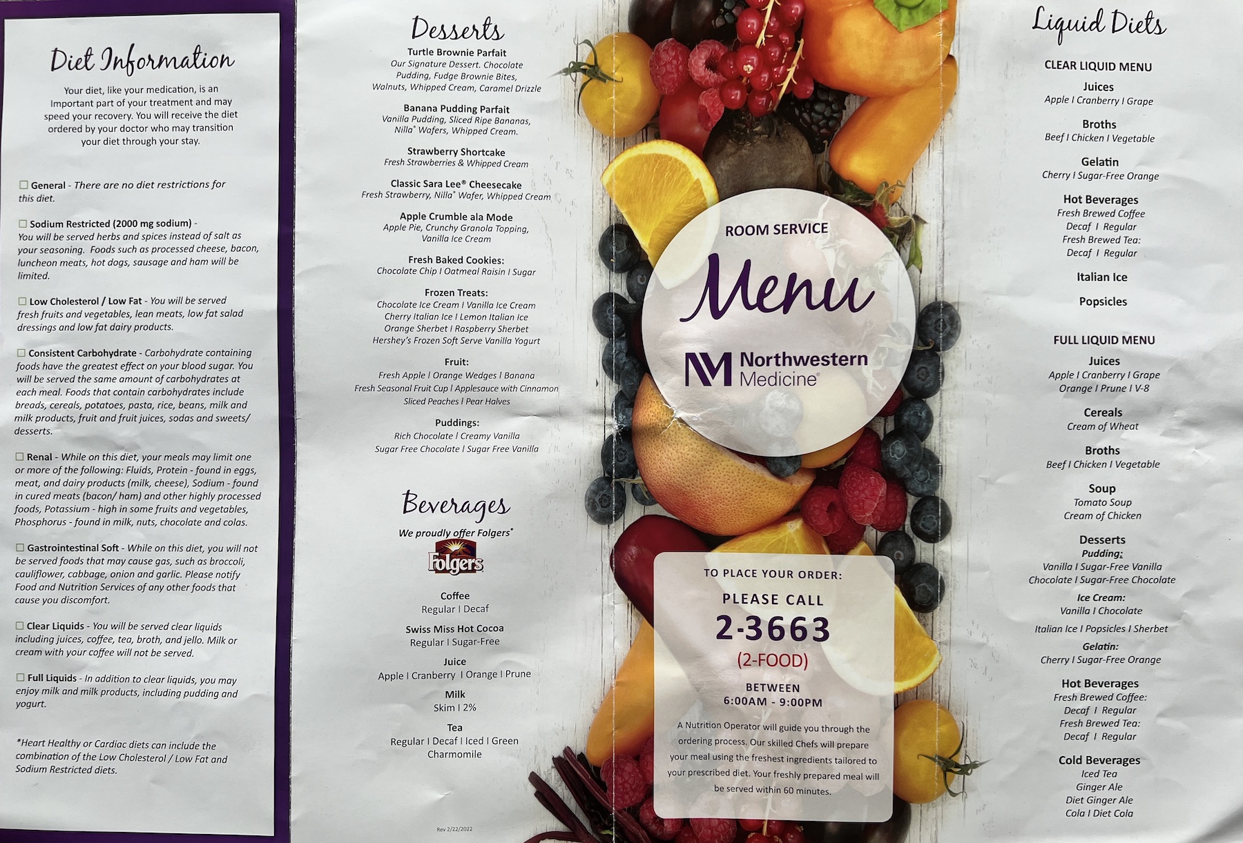 Northwestern Prentice Room Service Menu 2