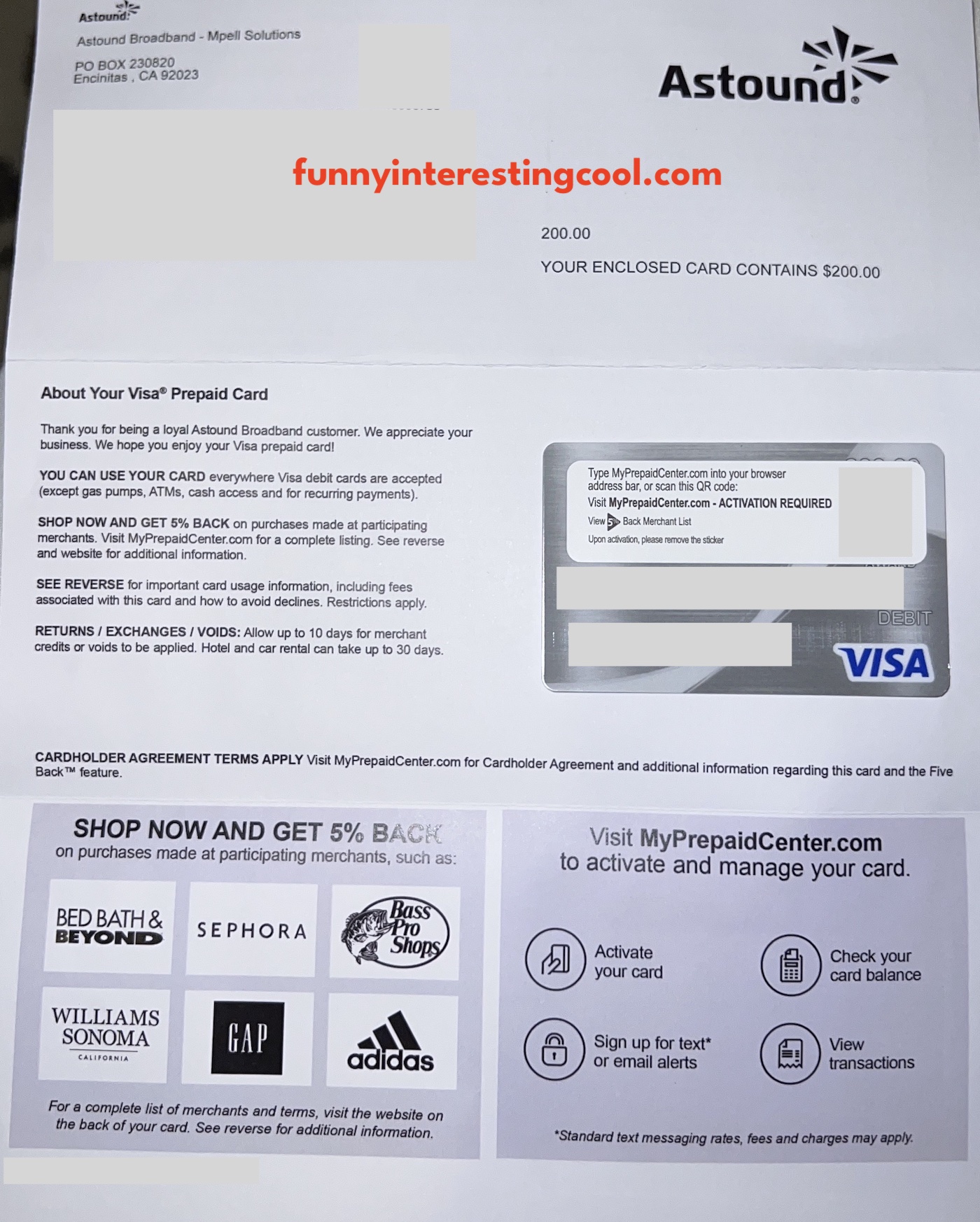 Astound Broadband Rcn Prepaid 200 Visa Gift Card