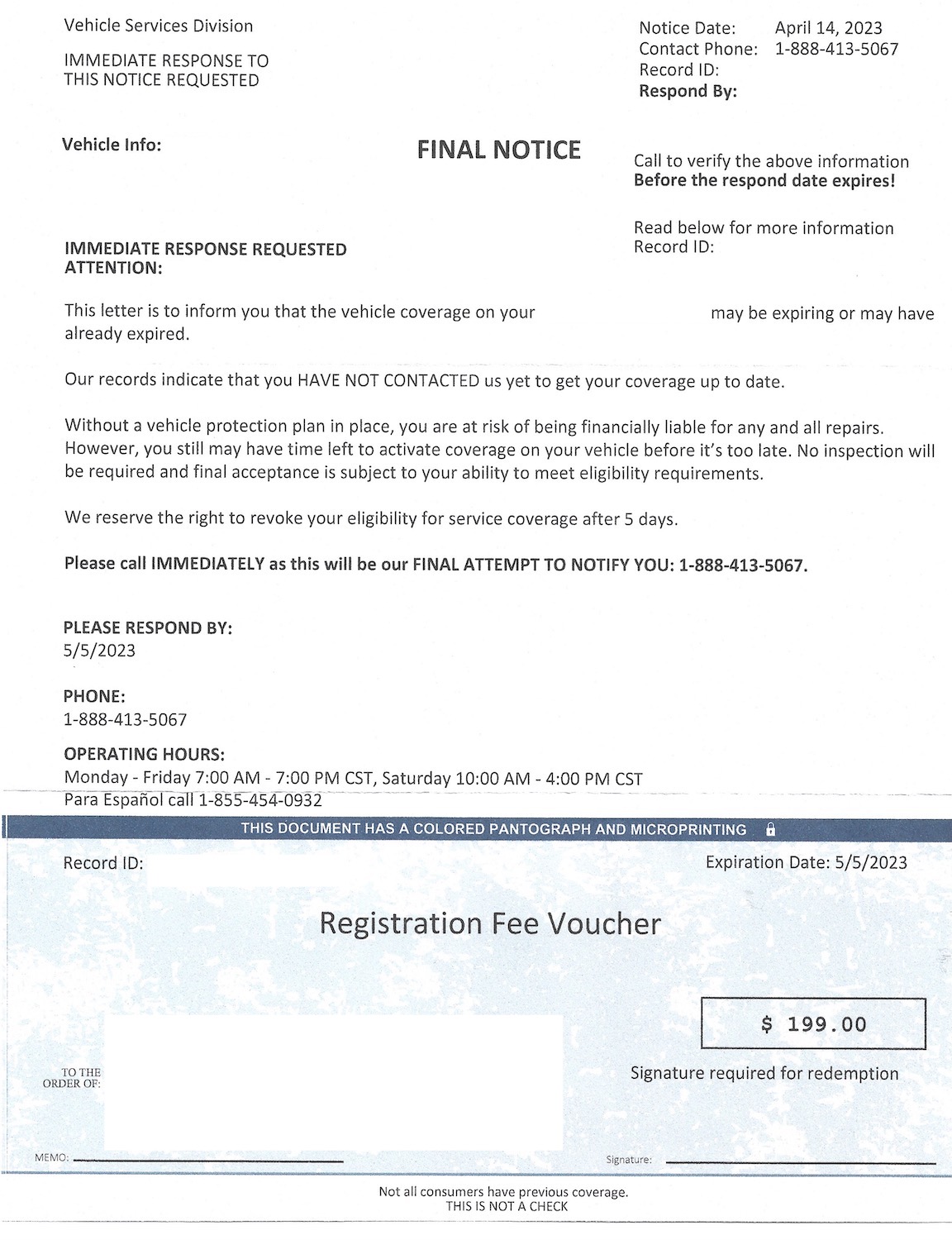 Vehicle Services Division Scam Mailer 2