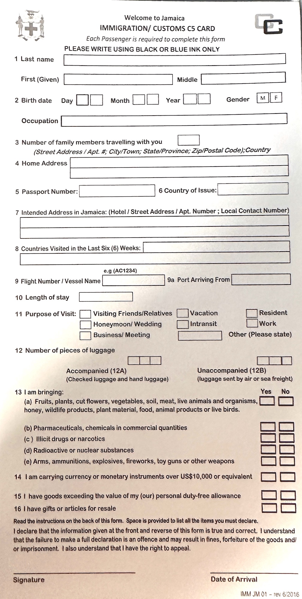 Jamaica Immigration Customs C5 Card 1