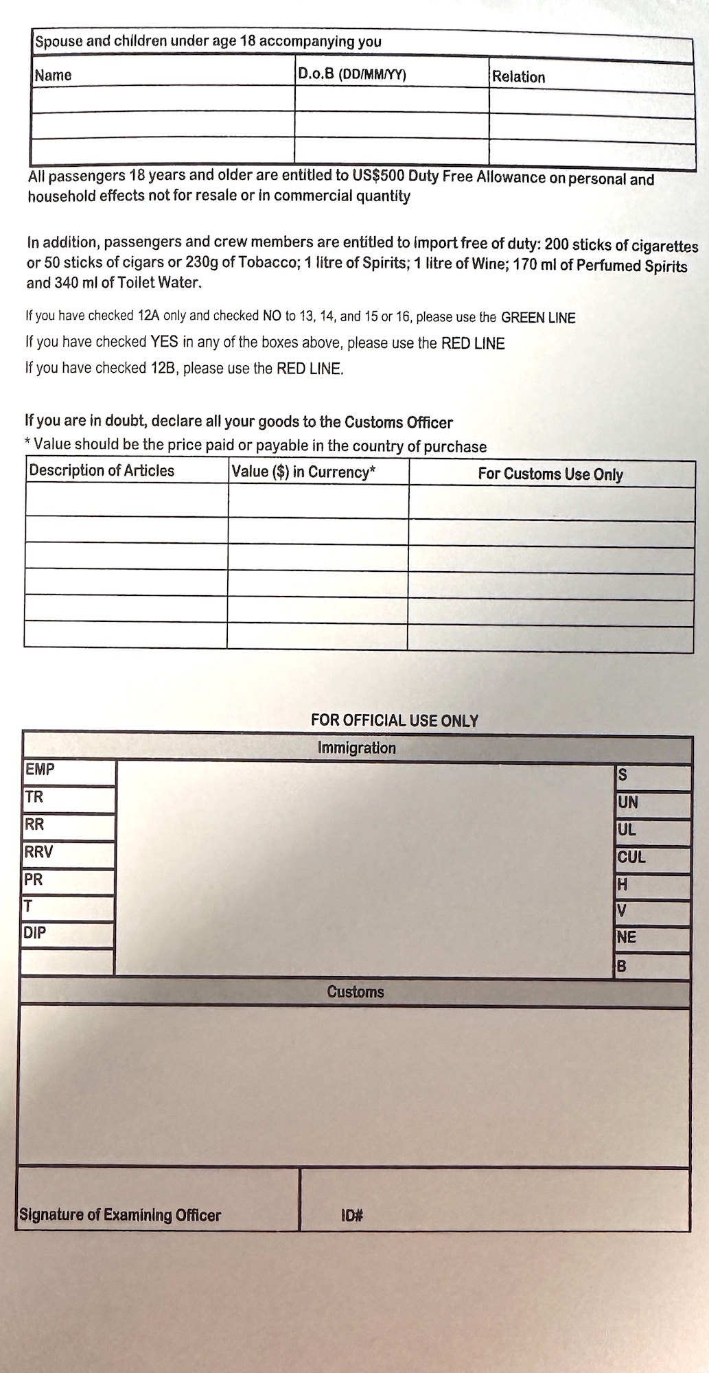 Jamaica Immigration Customs C5 Card 2