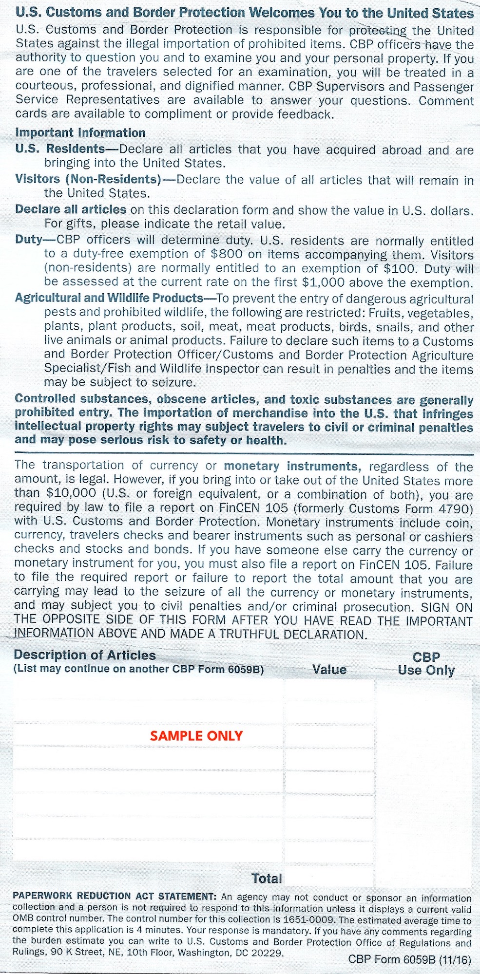 United States Customs Declaration Cbp Form 6059b Back