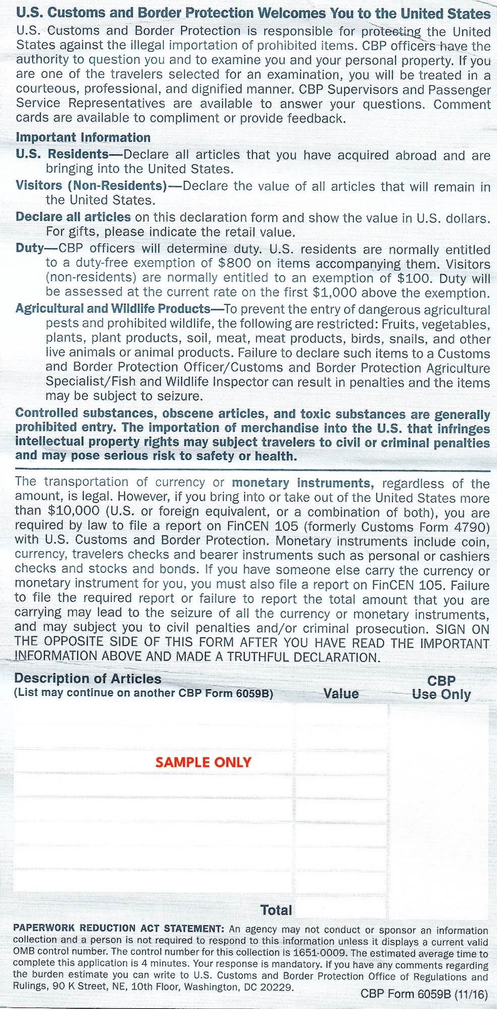 United States Customs Declaration Cbp Form 6059b Back