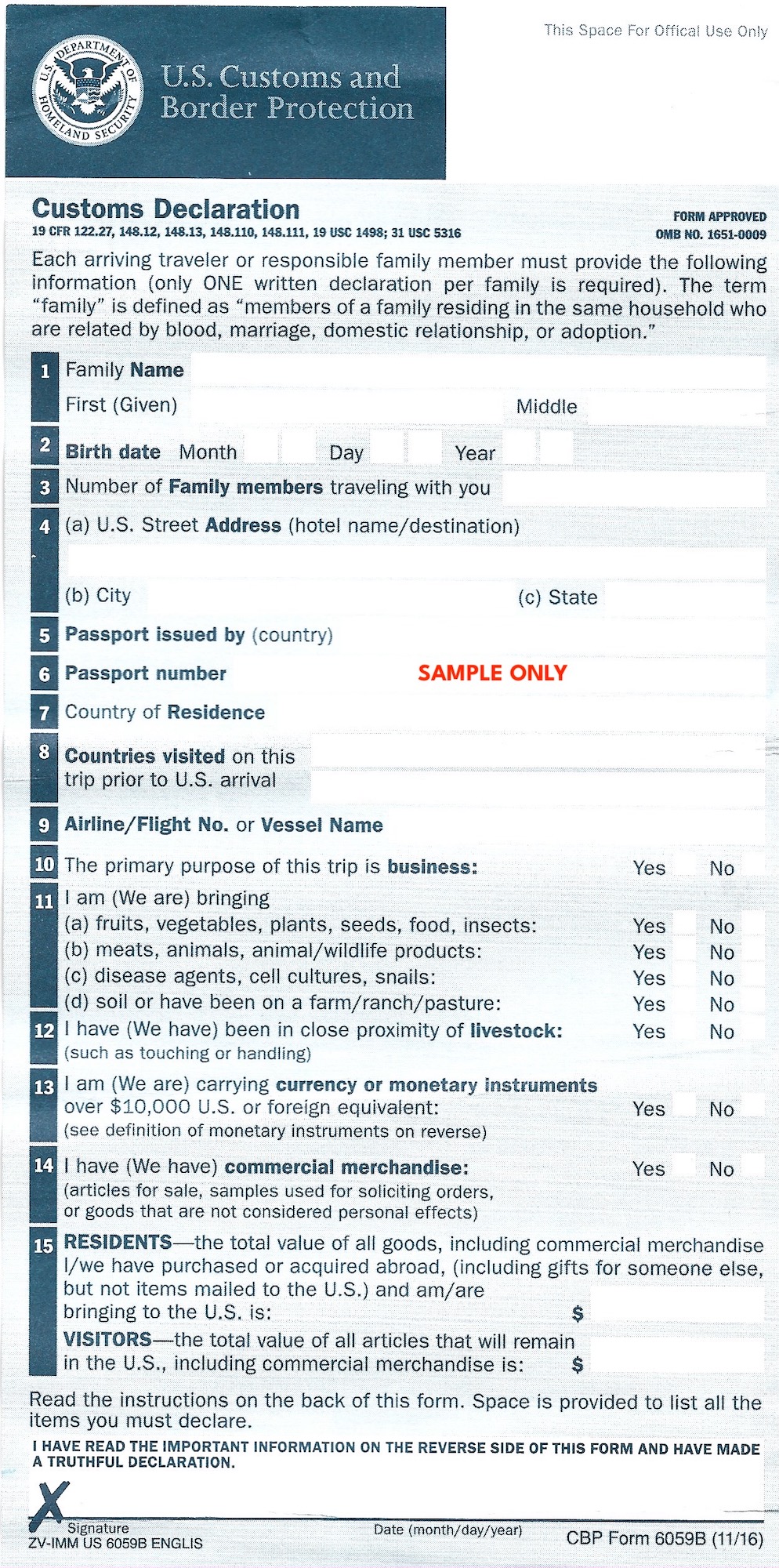 United States Customs Declaration Cbp Form 6059b Front