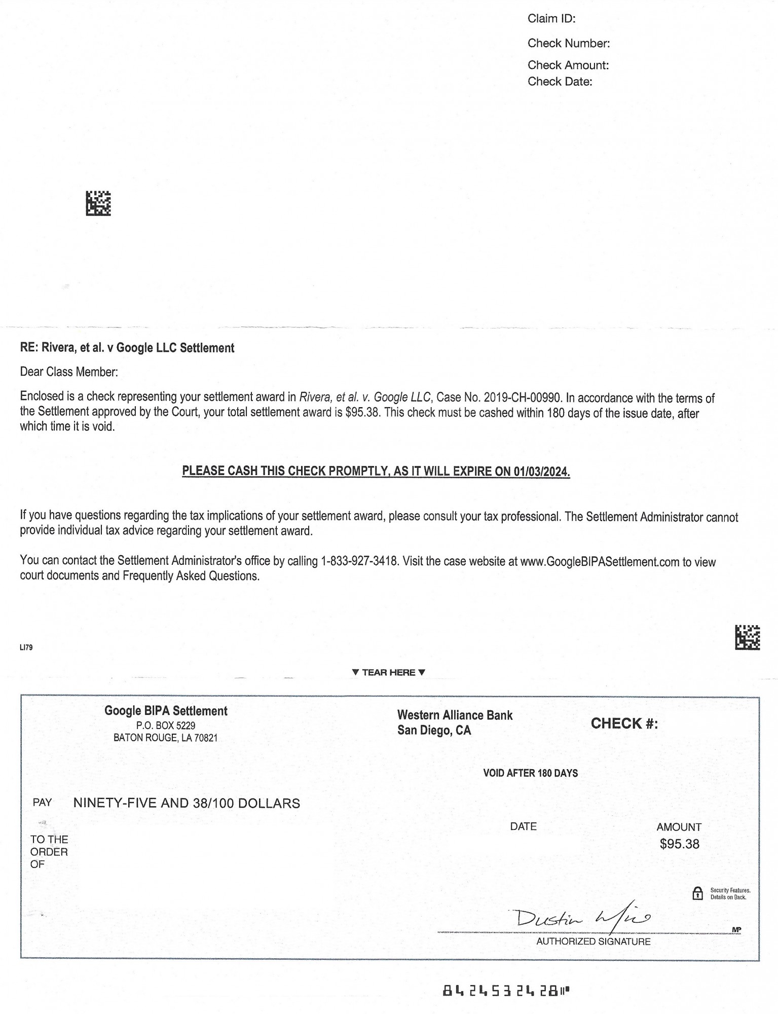 Rivera Vs Google Llc Settlement Mailer Check Case 2019 Ch 00990