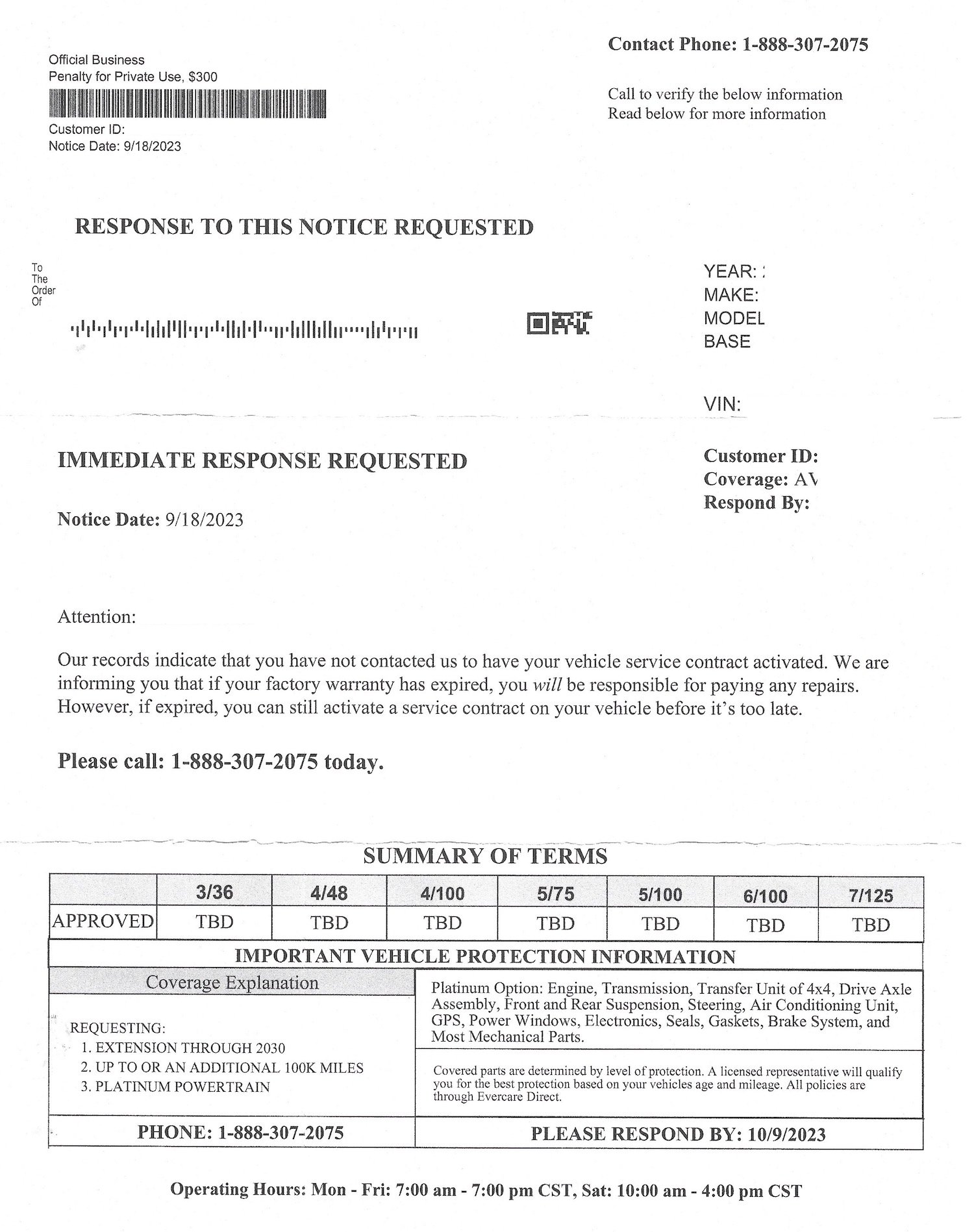 Vehicle Protection Information Mailer Scam Letter