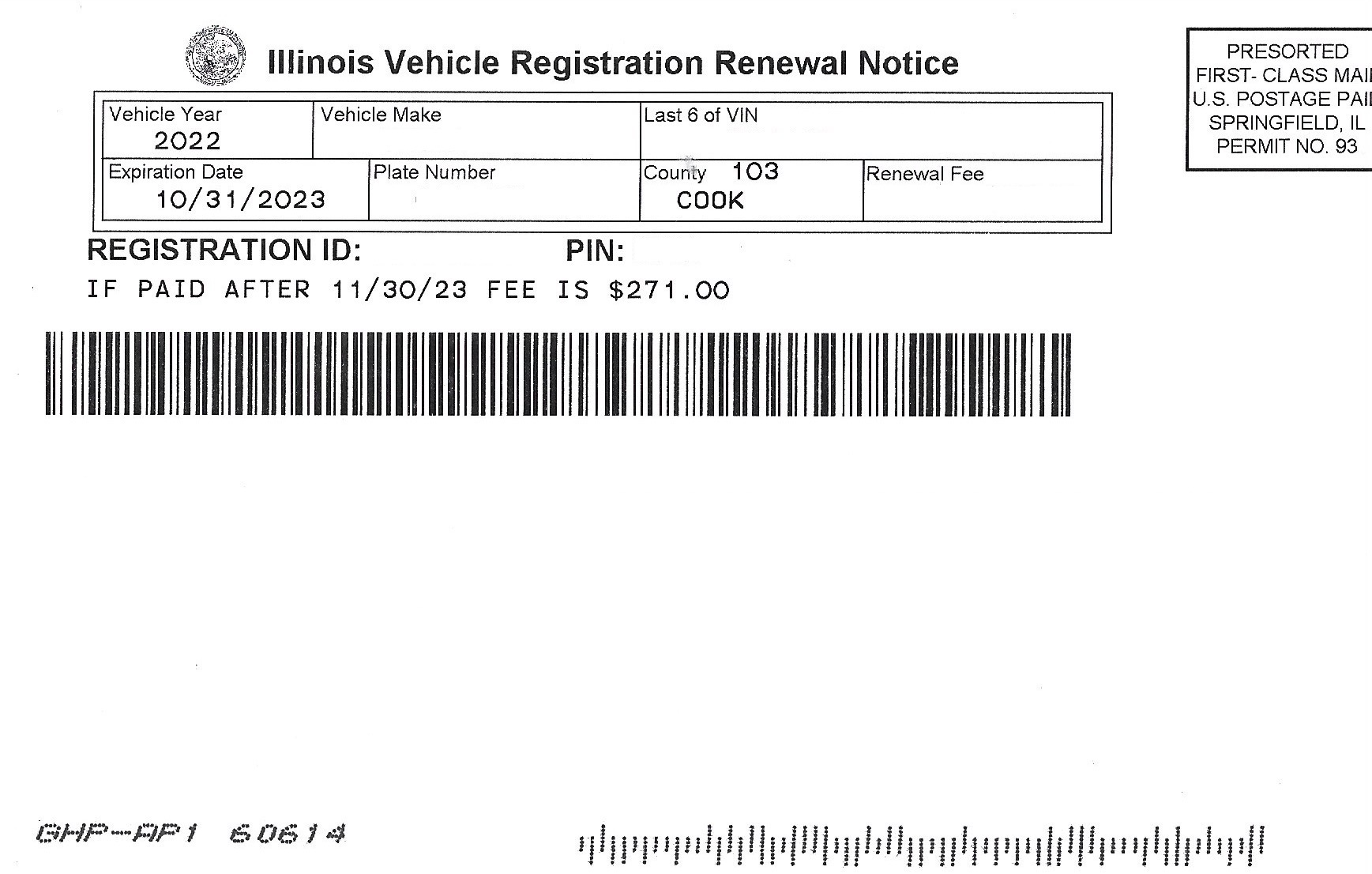 Illinois Vehicle Registration Renewal Notice Mailer 1