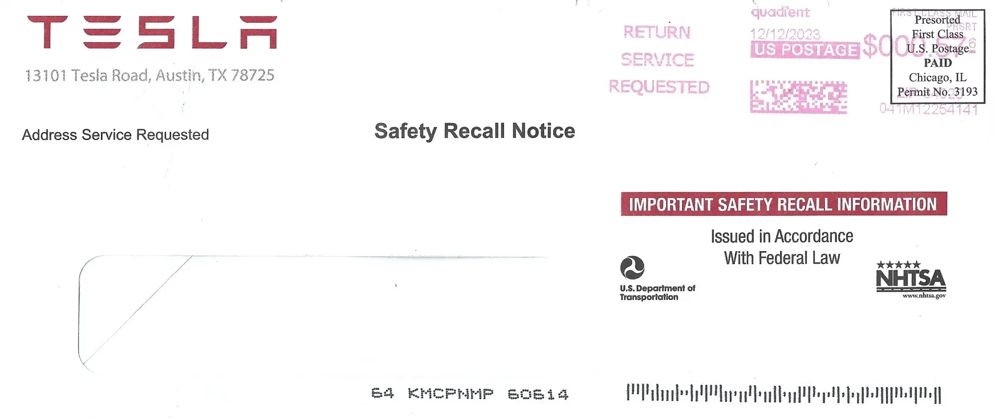 Tesla Safety Recall Notice Mailer