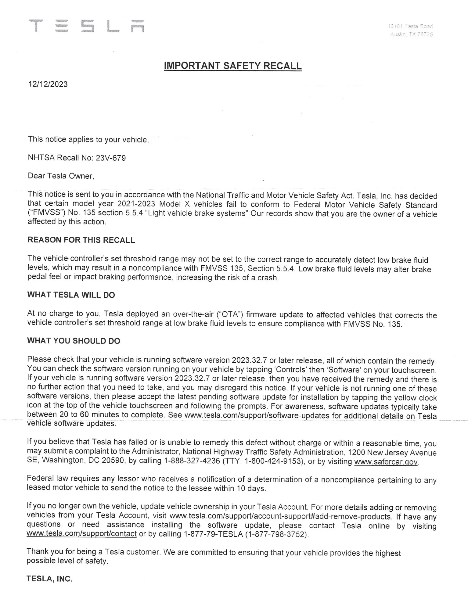 Tesla Safety Recall Notice Maile Letter Nhtsa Light Vehicle Brake Systems