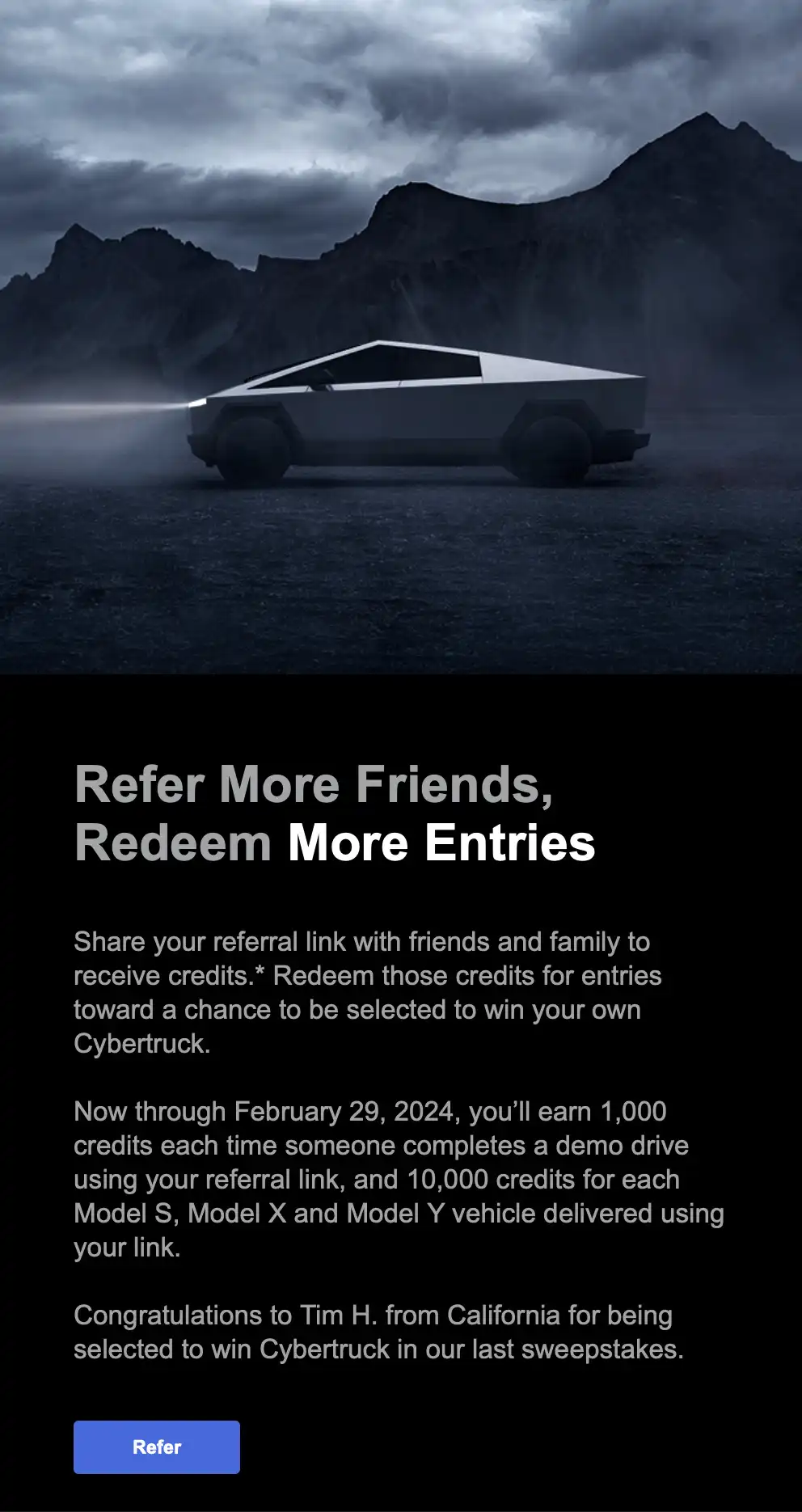 Refer Friends Chance To Win Tesla Cybertruck Email