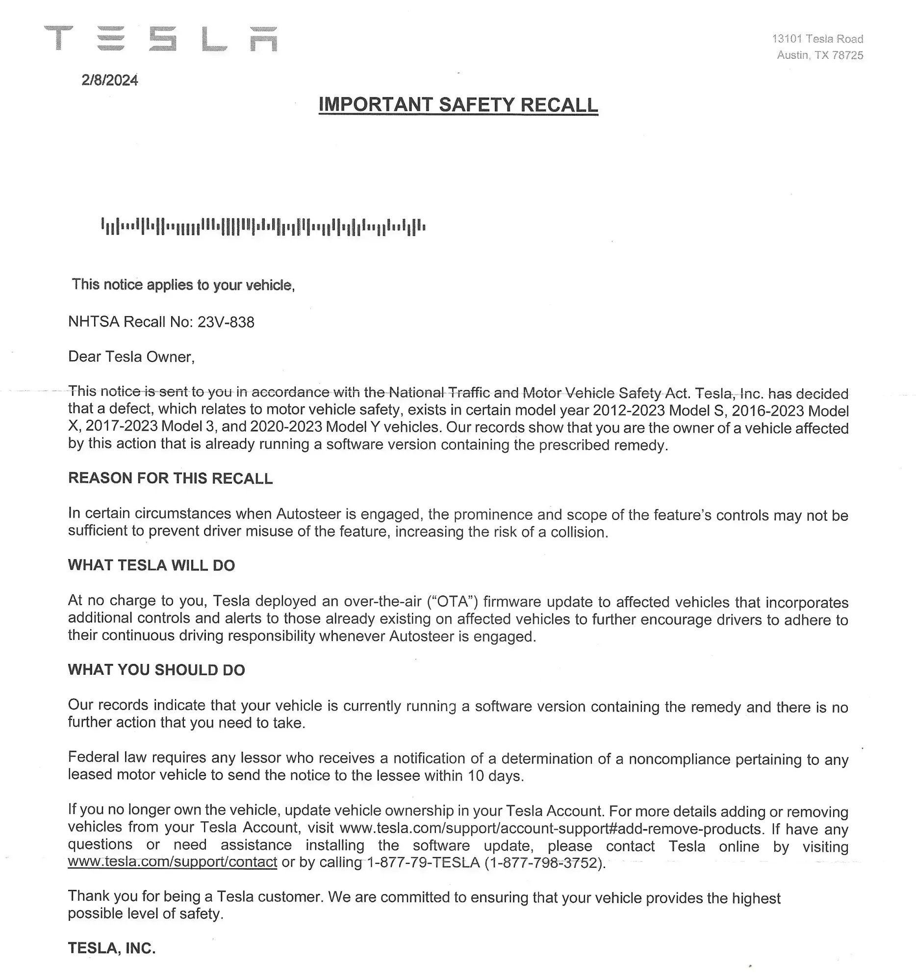Tesla Safety Recall Mailer Letter 23v 838