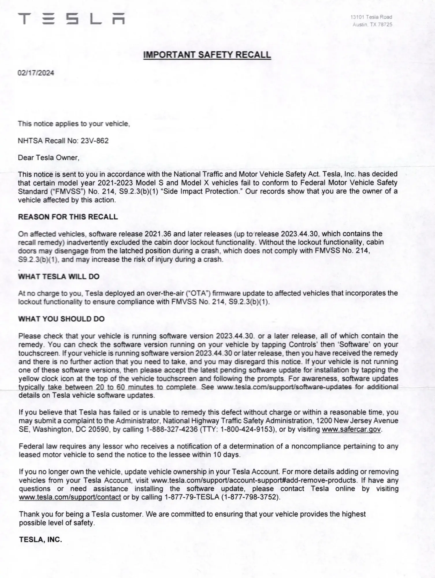 Tesla Safety Recall Letter Mailer 23v 862 Model X