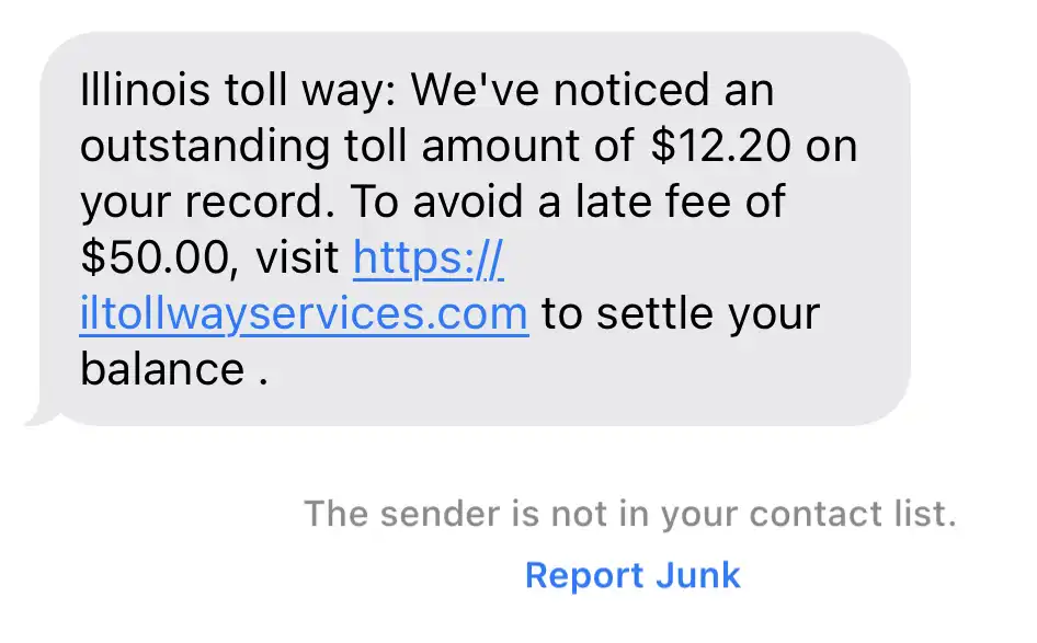 Fake Scam Illinois Toll Services Text Message