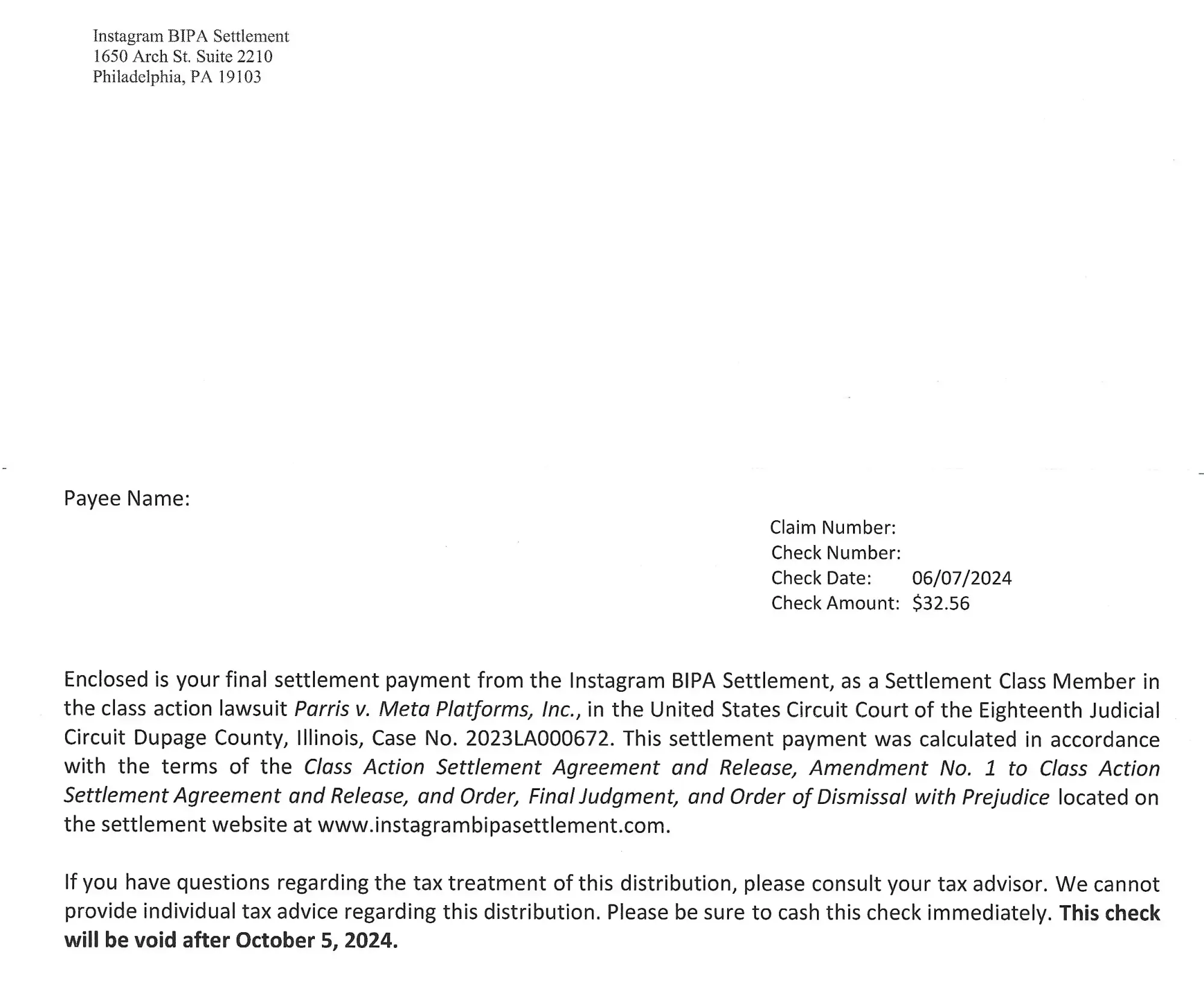 Instagram Bipa Settlement Mailer