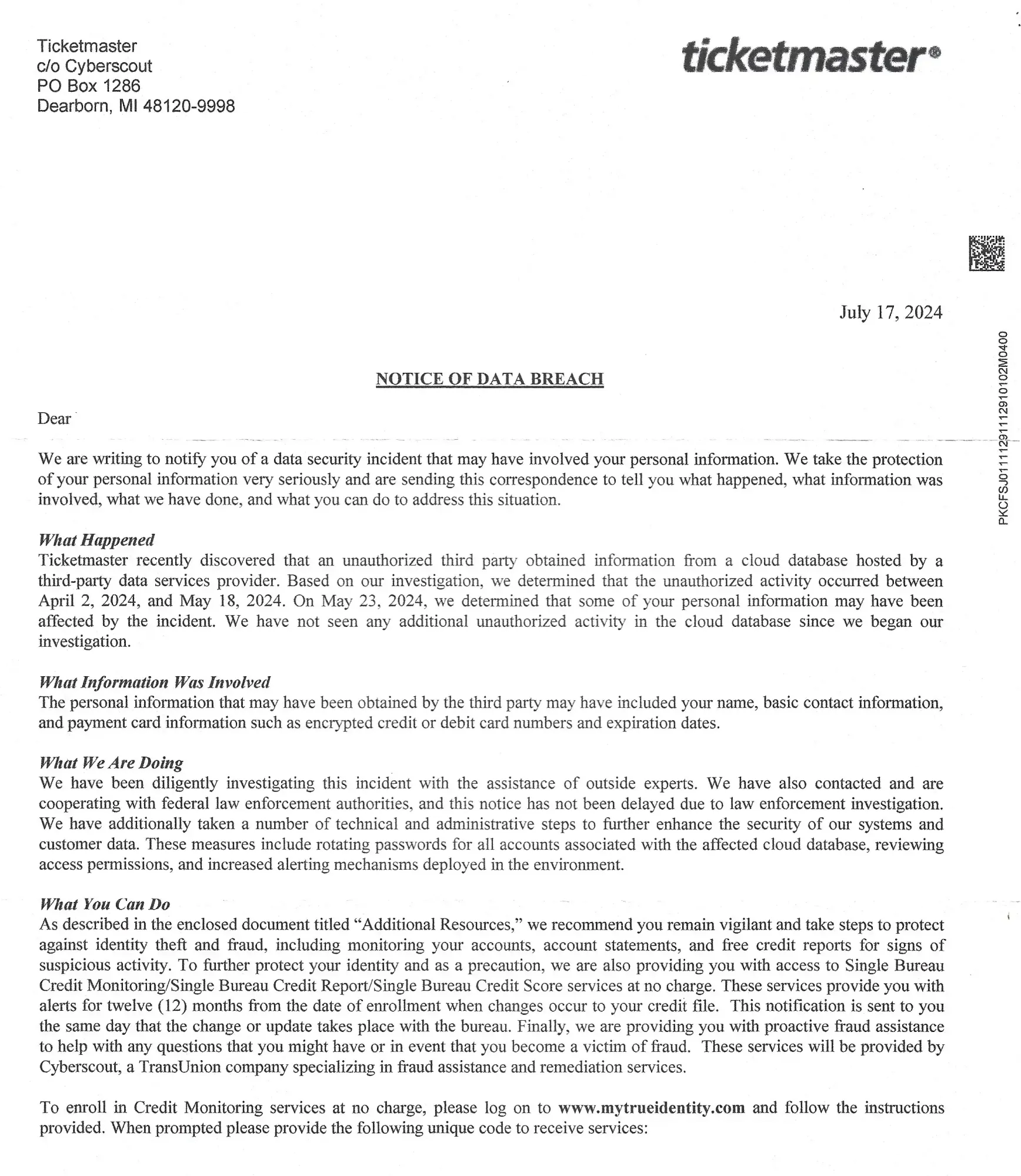 Ticketmaster Notice Of Data Breach Letter July 2024