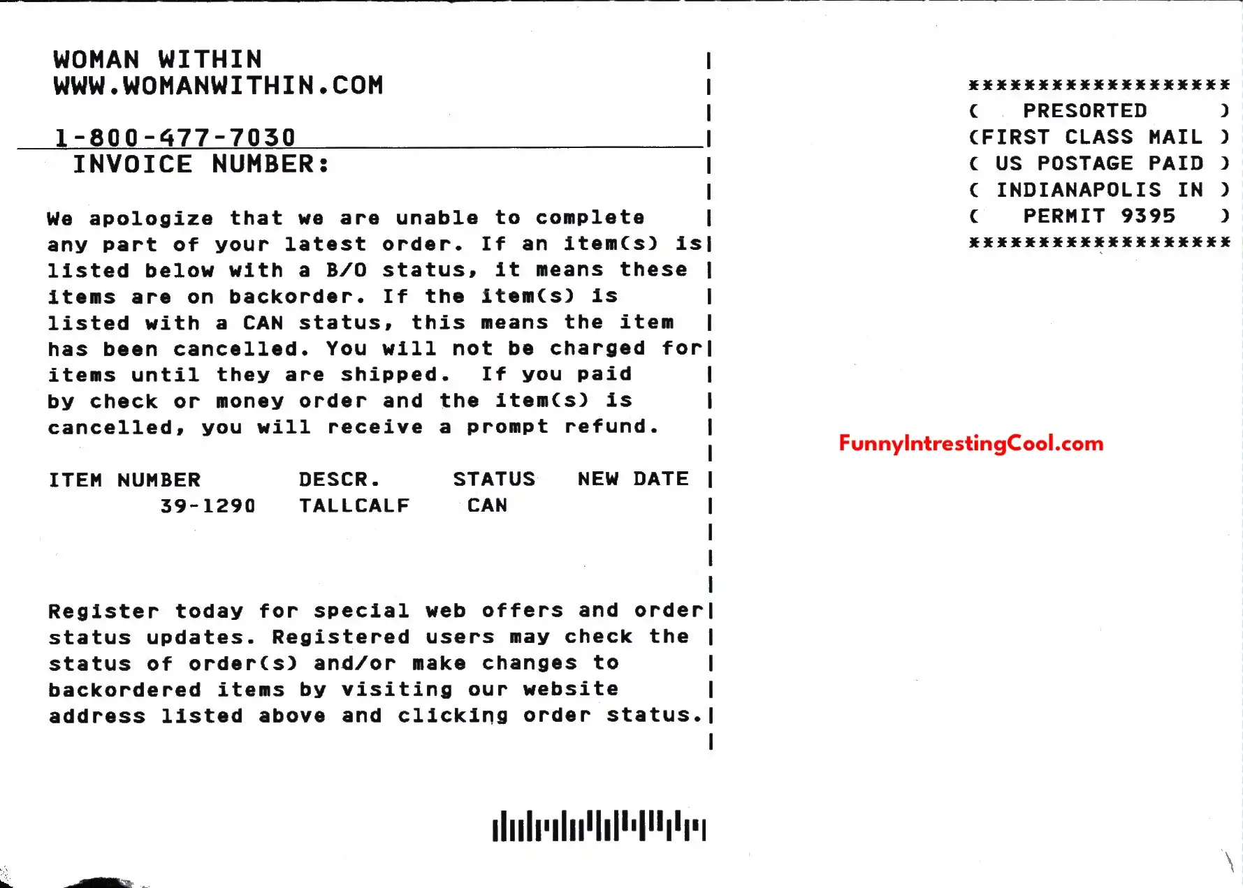 Womanwithinin Cancelled Order Mailer Letter