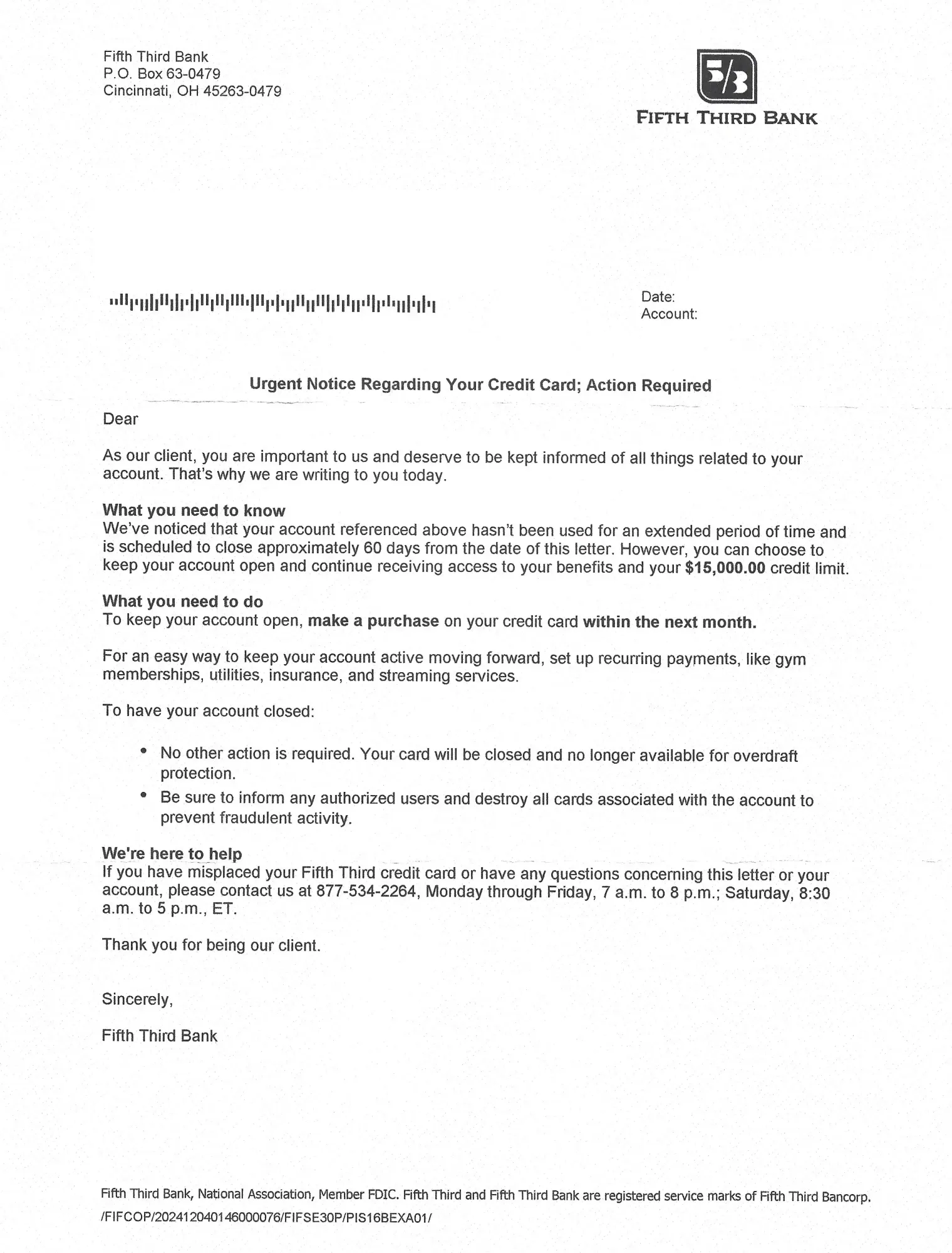 Fifth Third Bank Credit Card Notice Letter Mailer