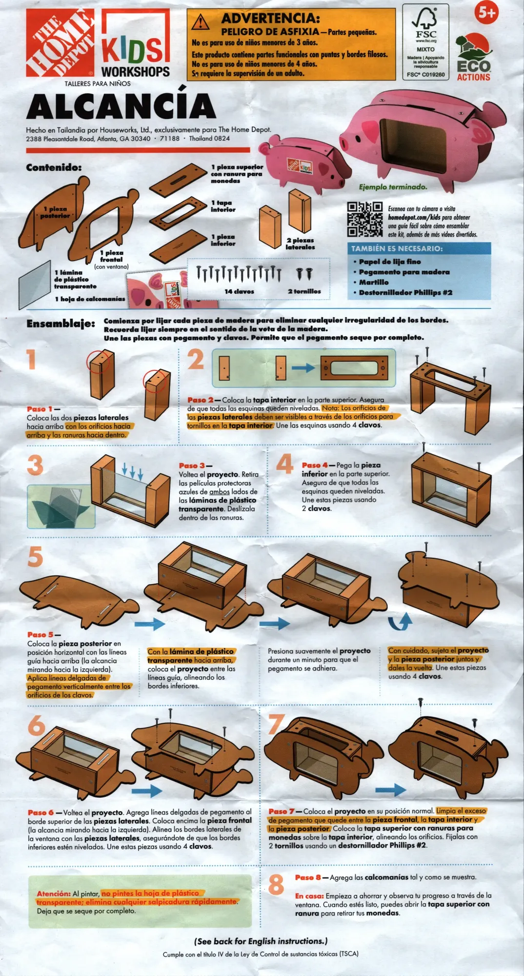 The Home Depot Kids Workshops Piggy Bank Spanish Instructions