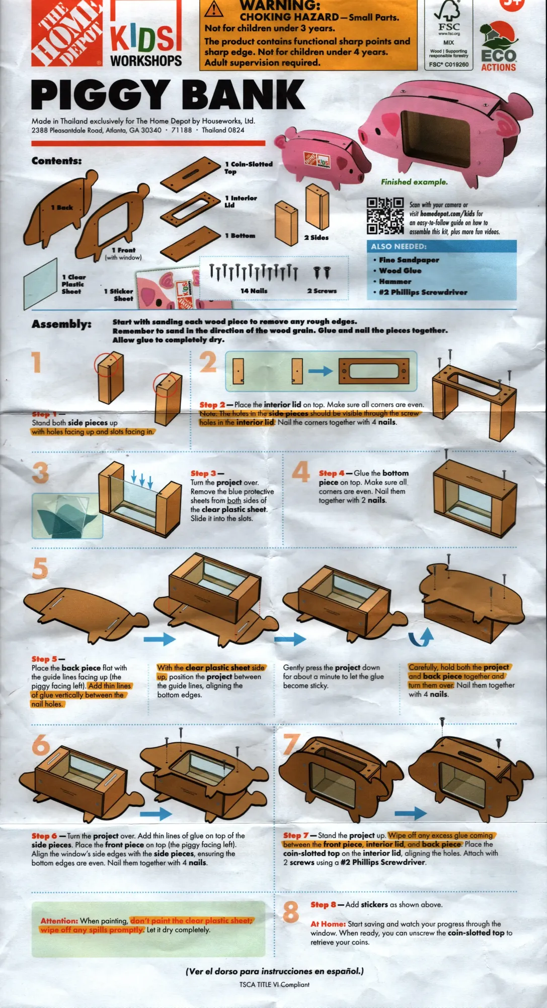 The Home Depot Kids Workshops Piggy Bank English Instructions