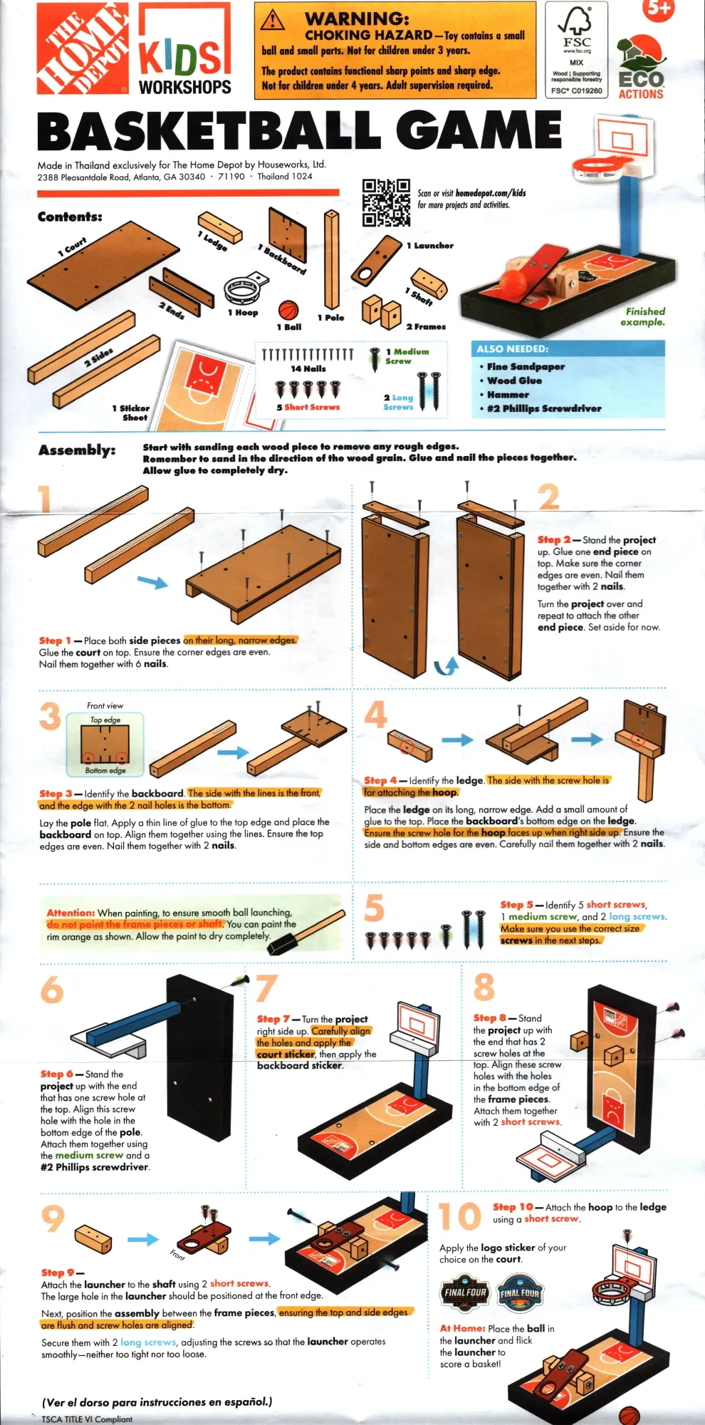 The Home Depot Kids Workshops Basketball Game Instructions English