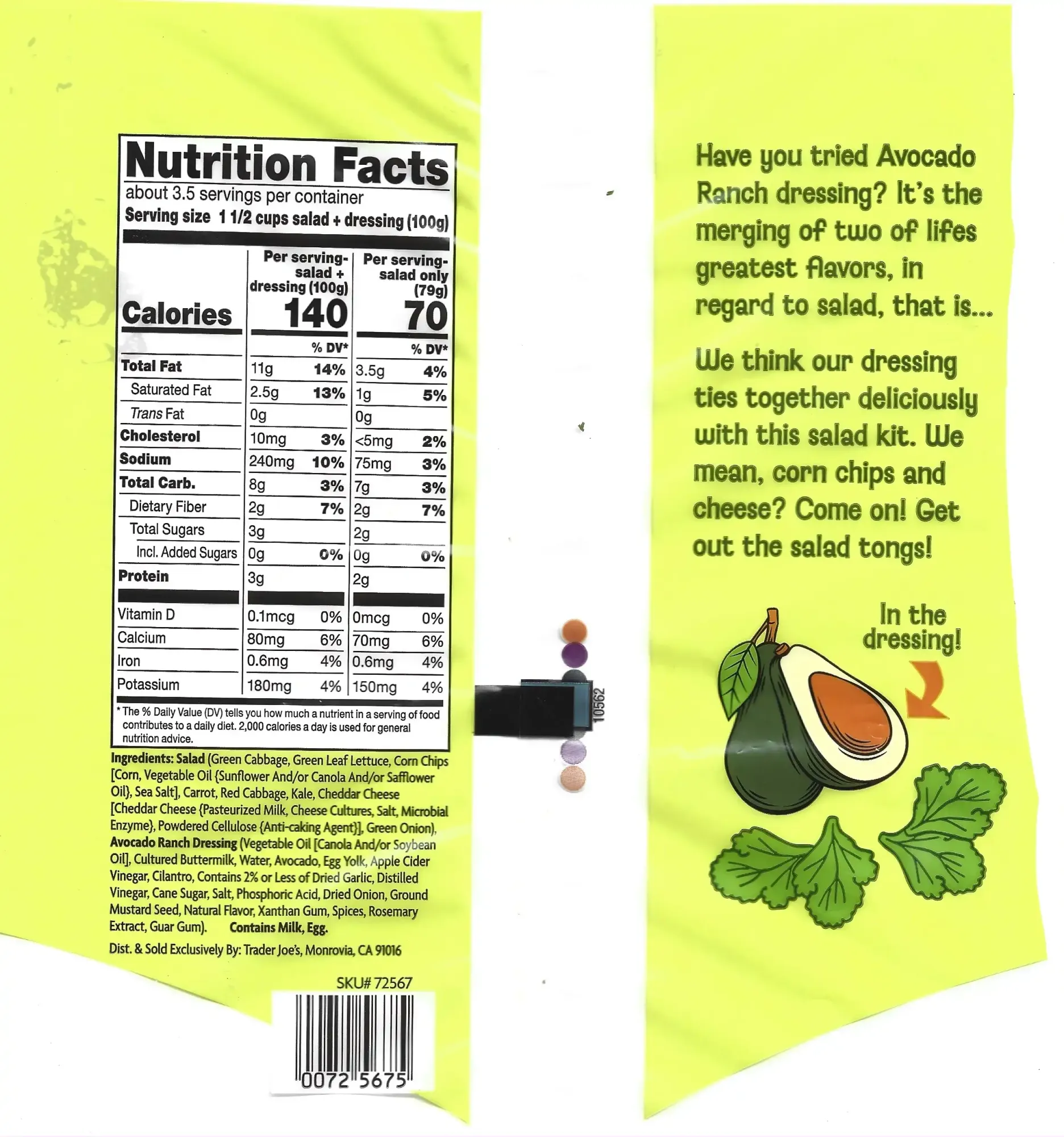 Trader Joes Avocado Ranch Salad Kit Ingredients Nutrition Facts