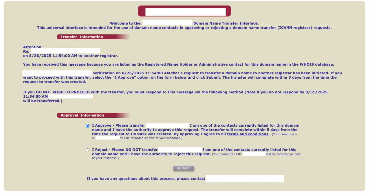 Domain Name Transfer Interface Icann Request Email