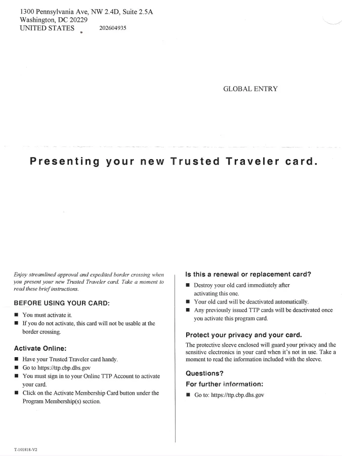 Global Entry Card Renewal Trusted Traveler Card Letter Mail 1