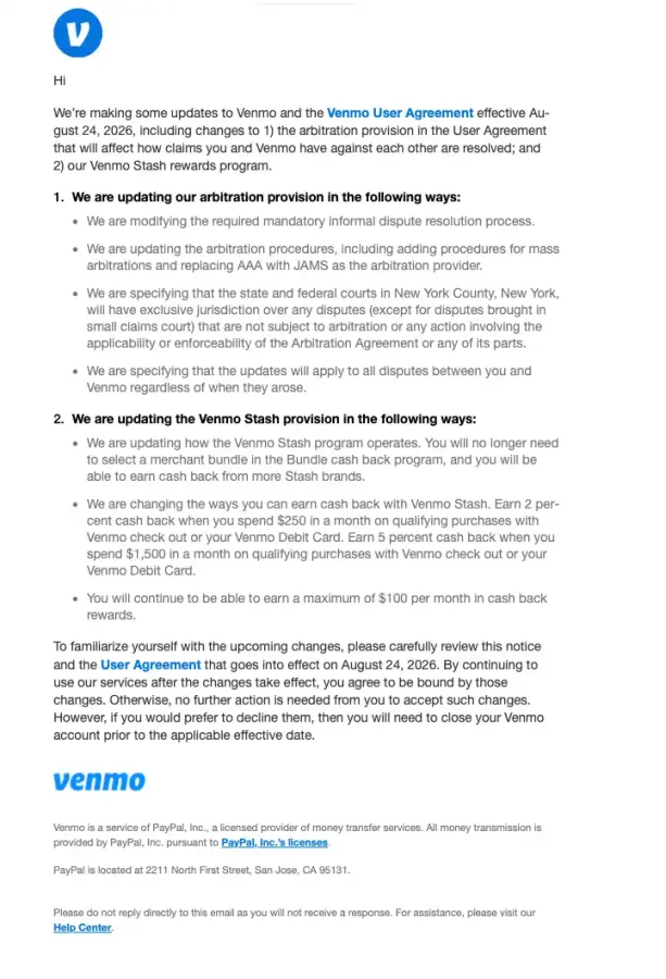 Upcoming Changes To Venmo Email July 20206