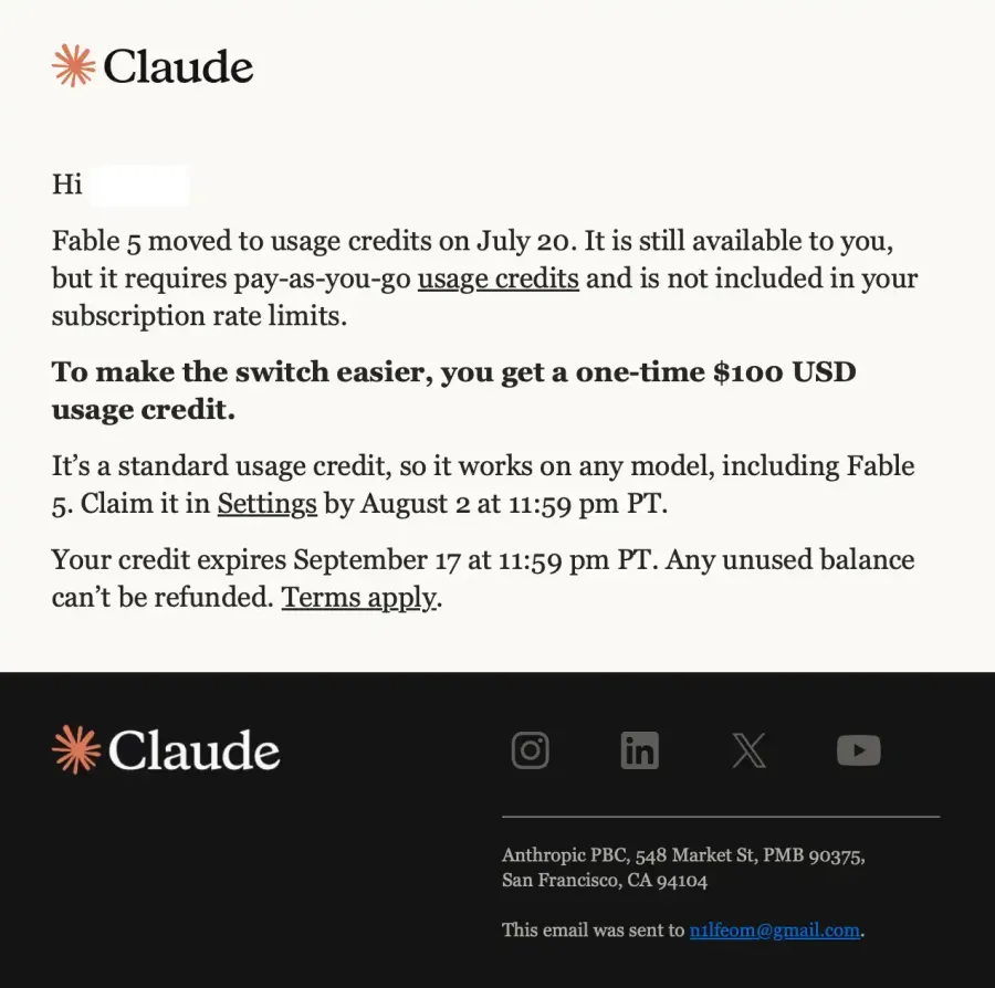 Claude Fable 5 Credits Email
