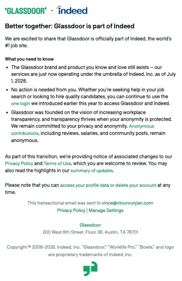 Glassdoor Is Now Indeed Email Notice