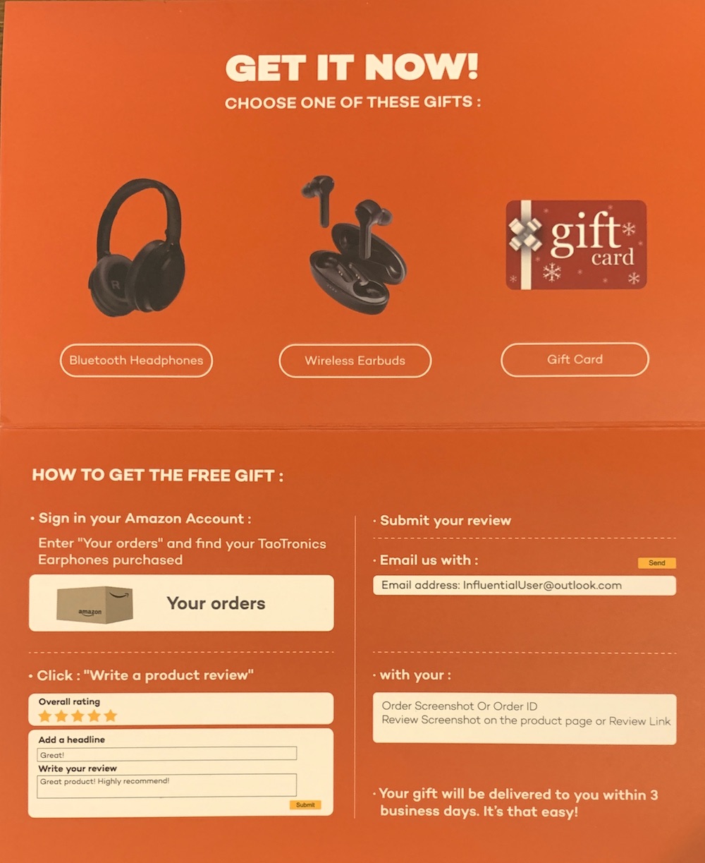 Taotronics Mailer Free Gift