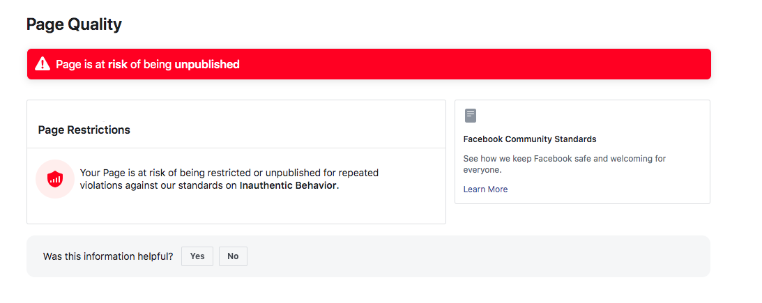Facebook Page Is At Risk Of Being Unpublished